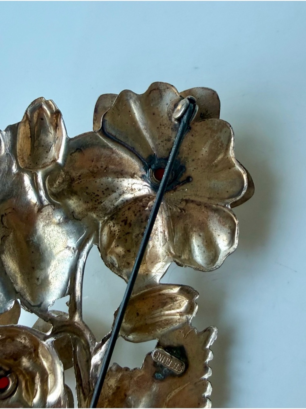 Vintage Gold Over Sterling Silver Large Red Cabochon Floral Bouquet Brooch Pin - Picture 8 of 16